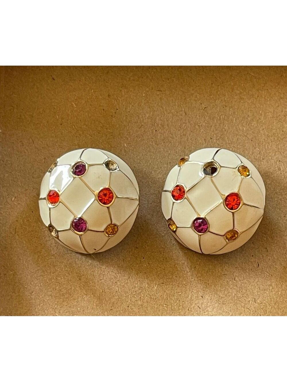 Vintage 1980s White Enamel Clip-On Earrings with Multicolor Rhinestones